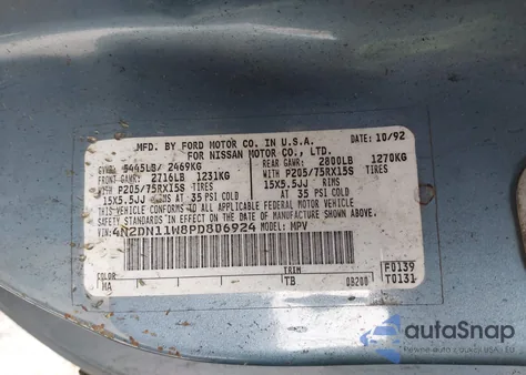 1993 Nissan Quest Gxe/Xe z USA, uszkodzony, nr VIN 4N2DN11W8PD806924